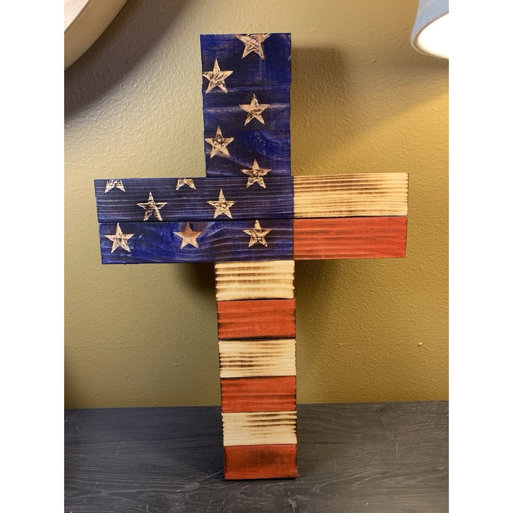 Rustic Handcrafted Wooden Cross USA American Flag Patriotic Wall Decor